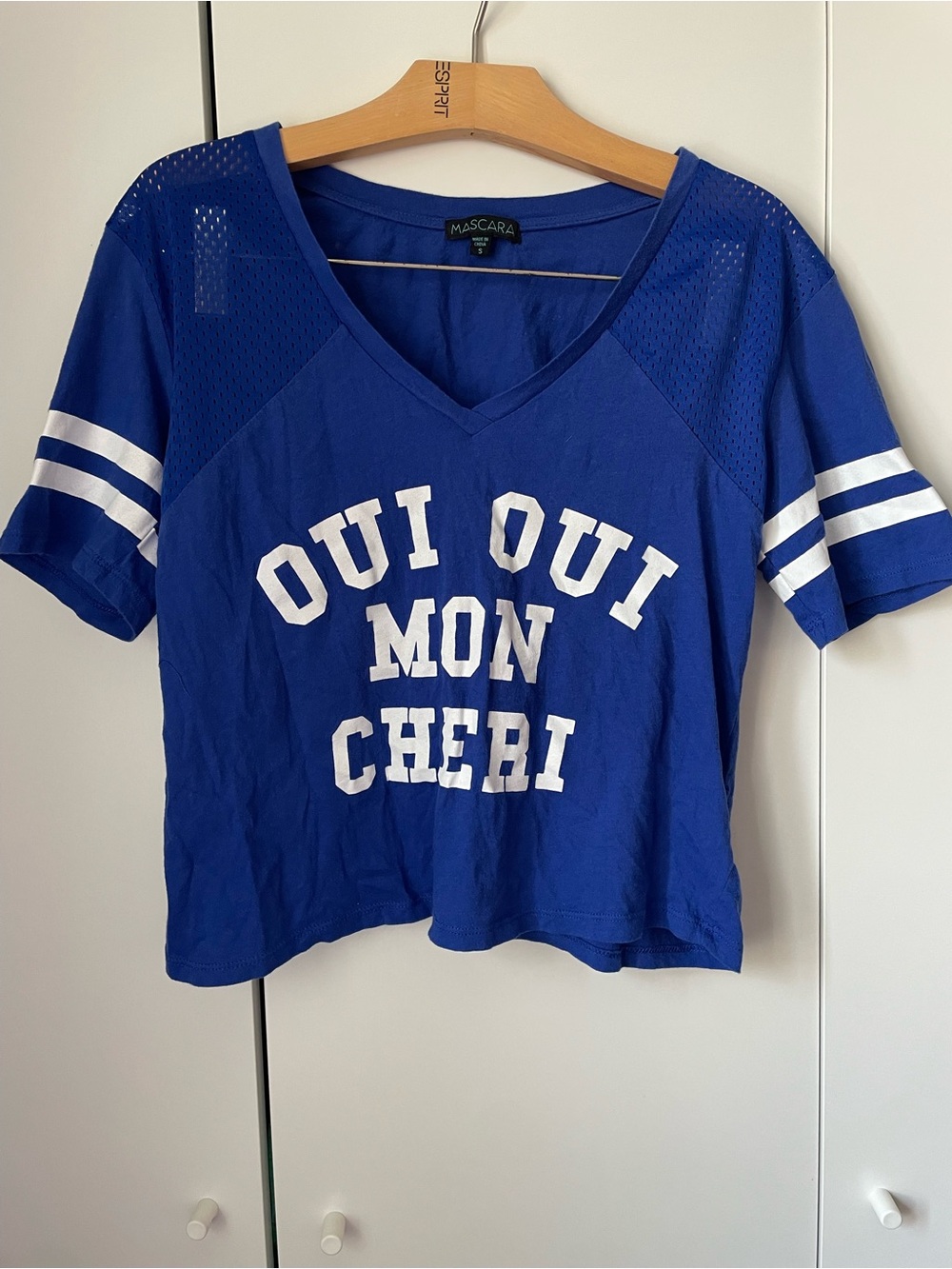 Mascara Royal Blue V-Neck Crop Tee with White Varsity Text